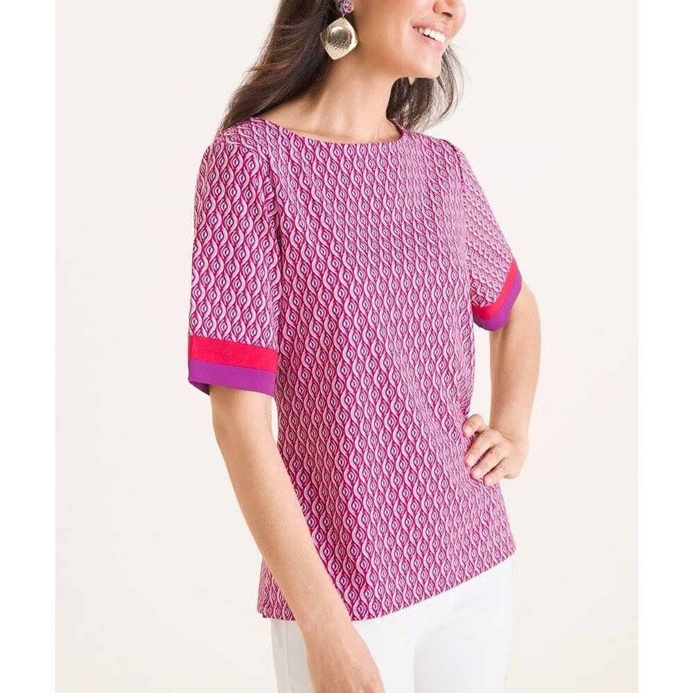 Chicos Short Sleeve White Pink Purple Geometric Color Block Artsy Career Top 2